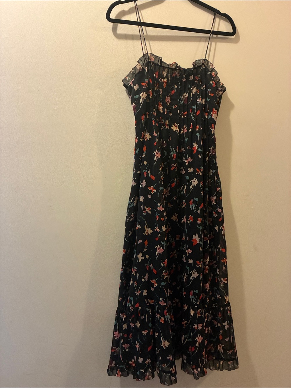 Madewell Black Floral Midi dress with Ruffled Bodice - women’s size 4